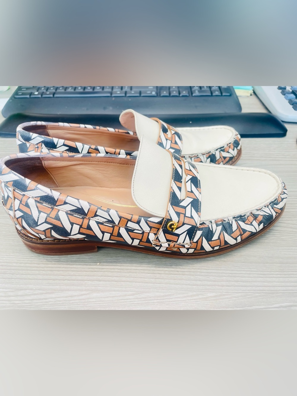 Cole Haan Geometric-Print Leather Loafers in Black, White & Tan Size 8.5